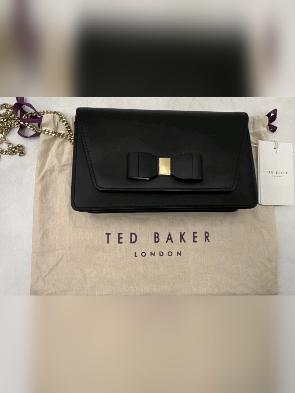 Ted Baker London Purse Keeiira Black Leather Bow Chain Shoulder Evening Bag NWT